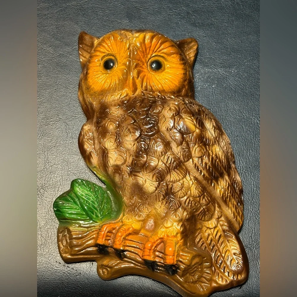 Set of Vintage 1970’s Chalk Owl Wall Hangings - Brown & Orange with Green Leaves
